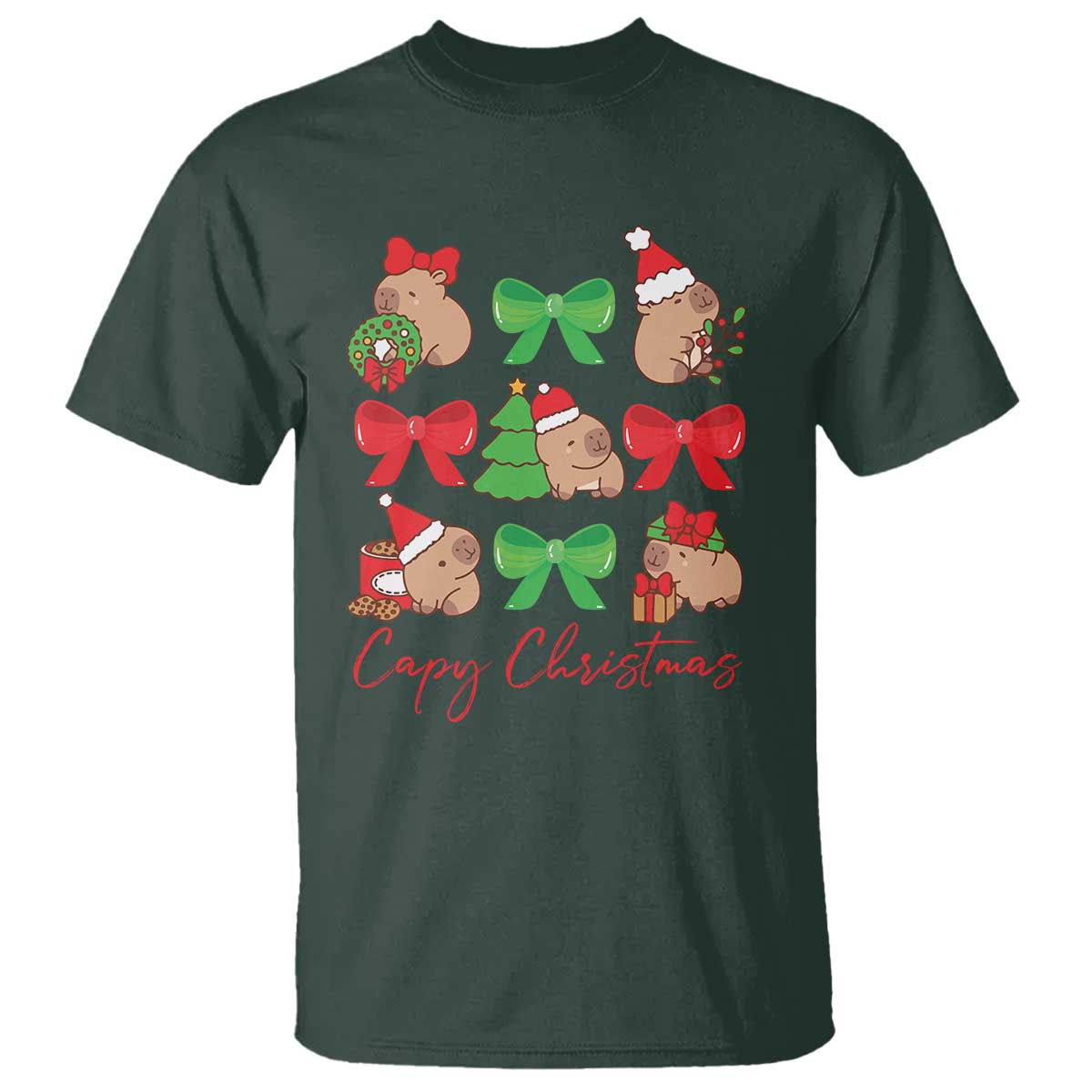 Dark forest green capybara Christmas T-shirt with colorful bow wreath print and 'Capy Christmas' text