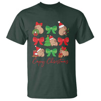Dark forest green capybara Christmas T-shirt with colorful bow wreath print and 'Capy Christmas' text