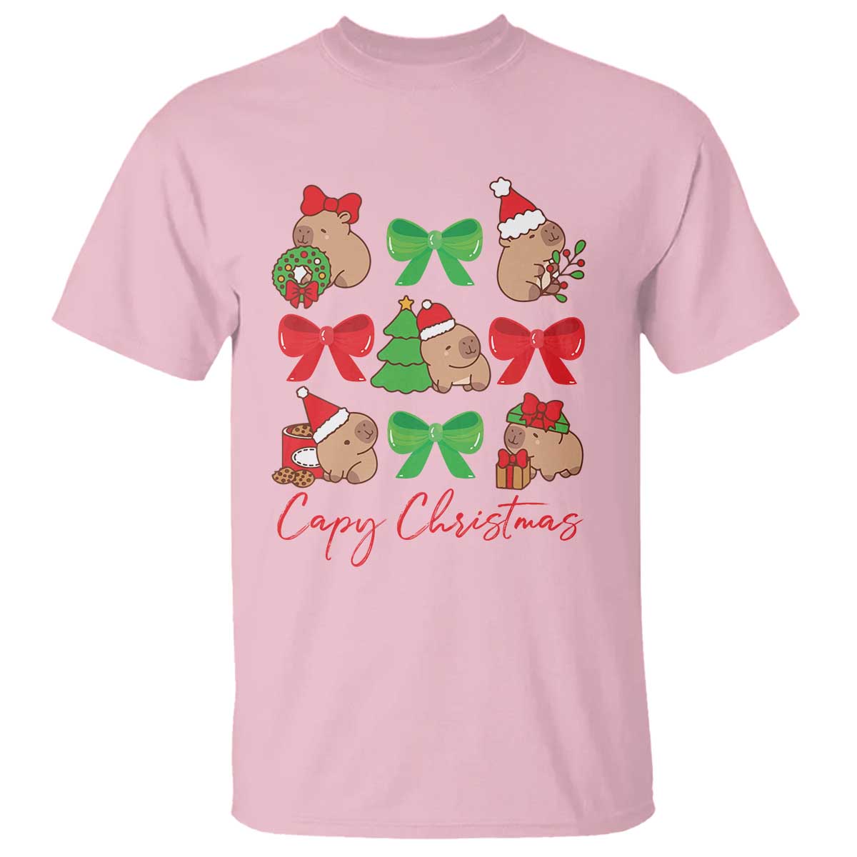 Light pink capybara Christmas T-shirt with colorful bow wreath print and 'Capy Christmas' text