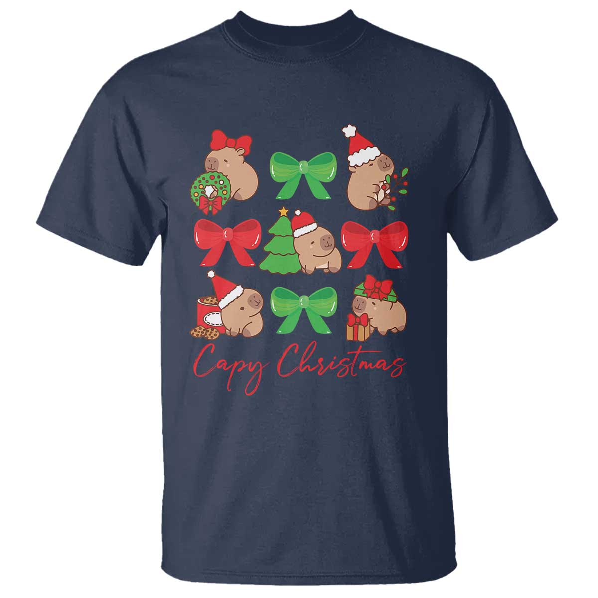 Navy capybara Christmas T-shirt with colorful bow wreath print and 'Capy Christmas' text