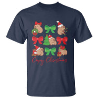 Navy capybara Christmas T-shirt with colorful bow wreath print and 'Capy Christmas' text