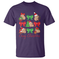 Purple capybara Christmas T-shirt with colorful bow wreath print and 'Capy Christmas' text