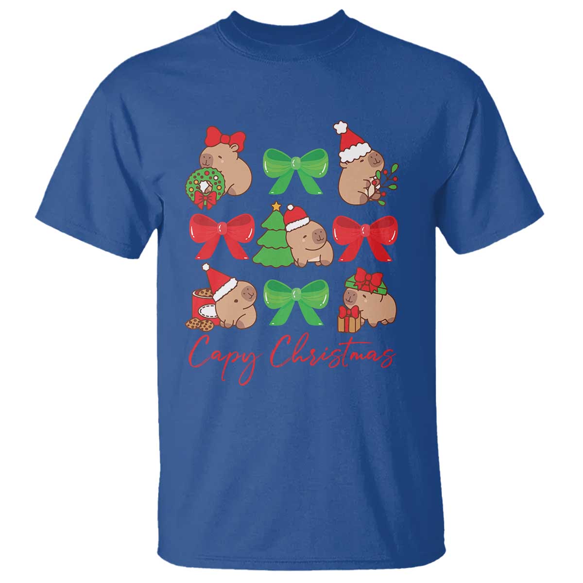 Royal blue capybara Christmas T-shirt with colorful bow wreath print and 'Capy Christmas' text