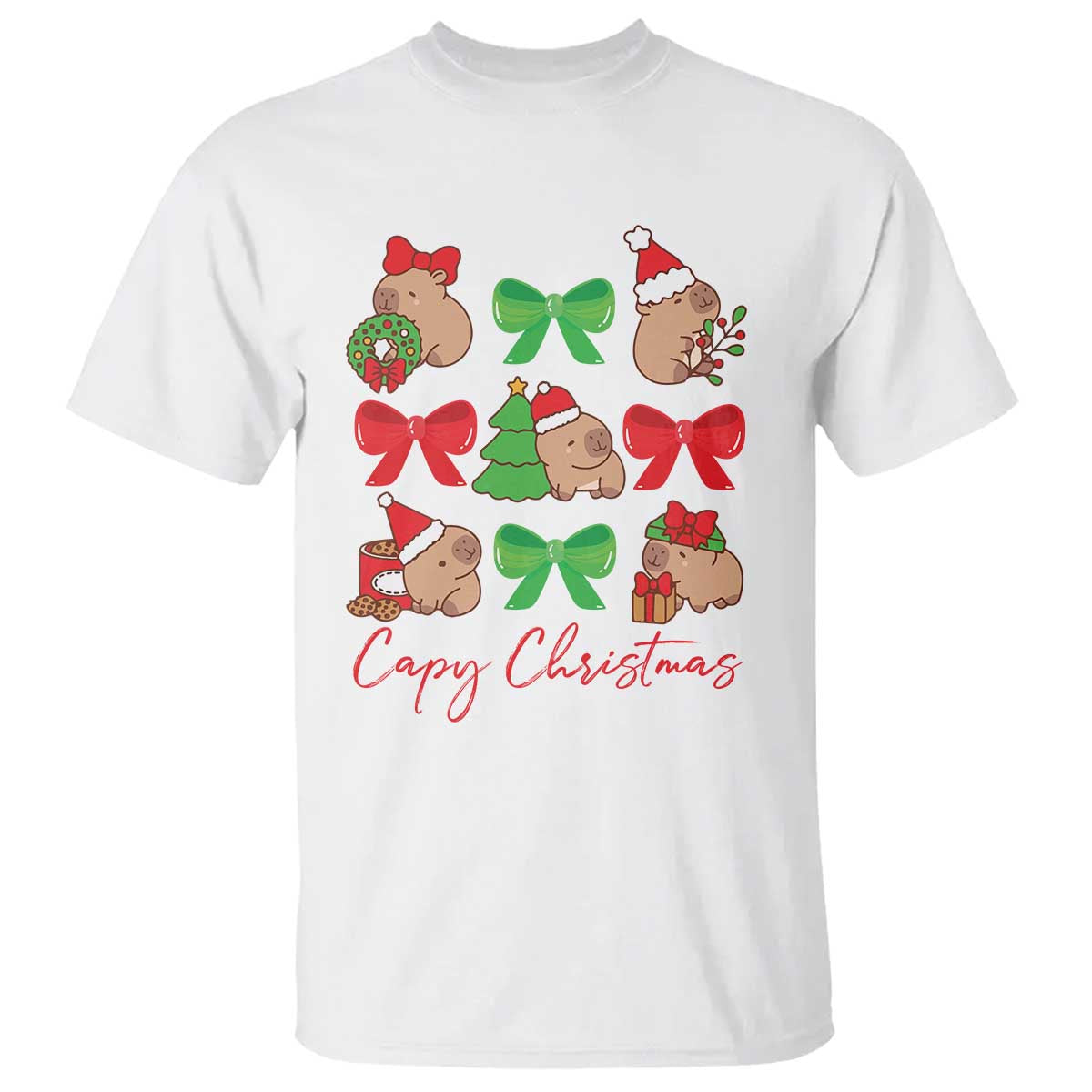 White capybara Christmas T-shirt with colorful bow wreath print and 'Capy Christmas' text
