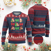 Navy and red capybara Christmas sweater with bows, trees, and knit fair isle stripes