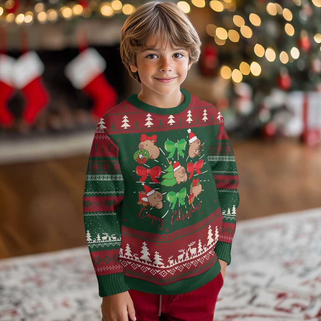 Green capybara Christmas ugly sweater with bow and tree patterned knit yoke