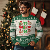 Green capybara Christmas ugly sweater with bows, trees, and allover holiday graphic