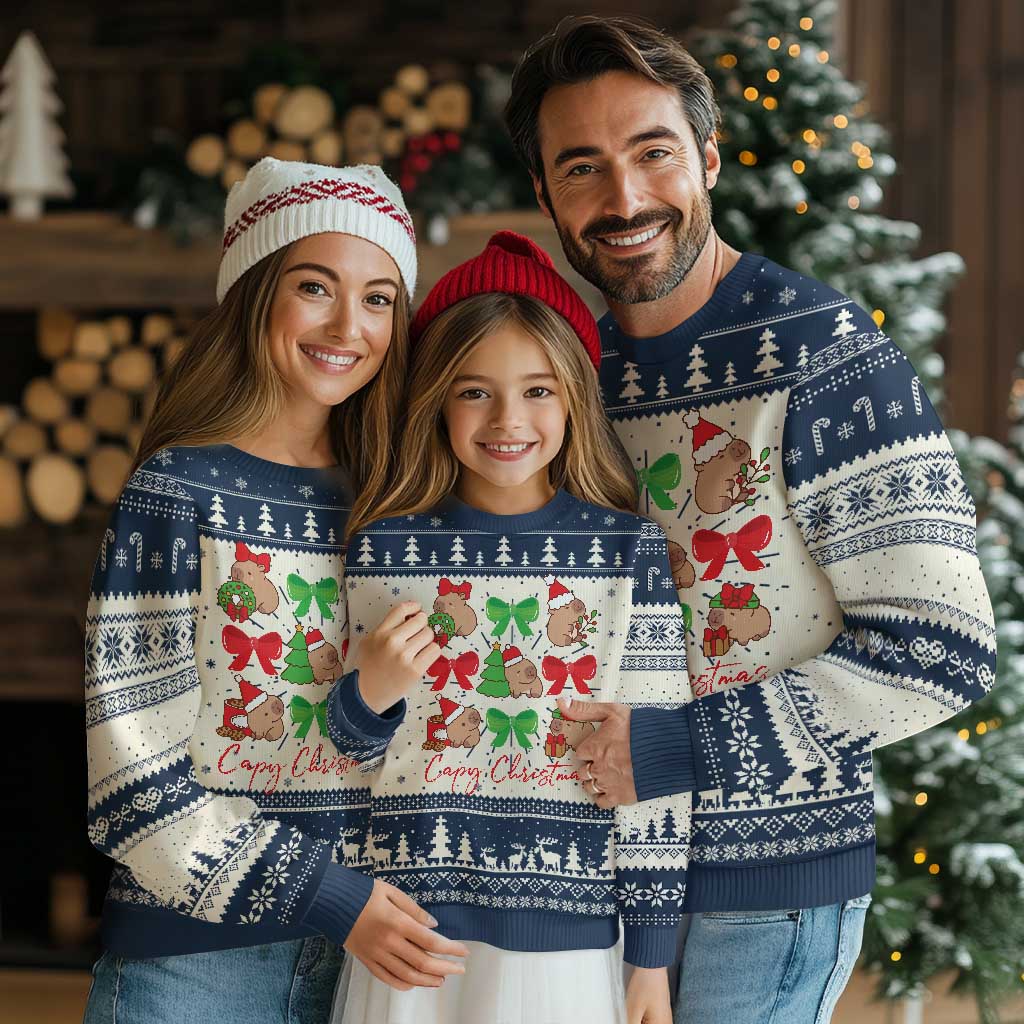 Navy and white capybara Christmas ugly sweater with bows and festive tree border