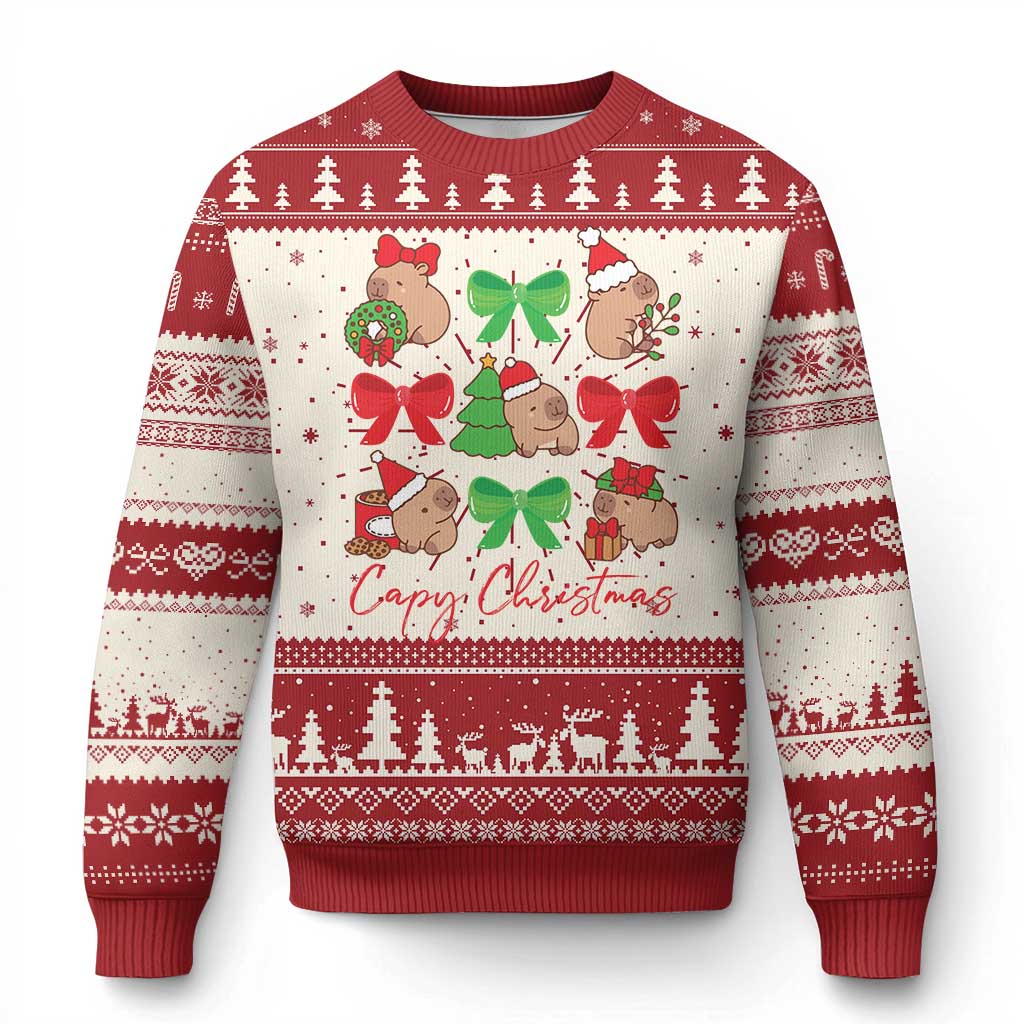 Red and cream capybara Christmas ugly sweater with trees, bows, and festive pattern