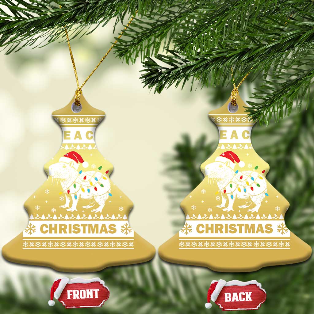 Gold Christmas tree-shaped capybara ornament with “HAVE A CAPY” and “CHRISTMAS”