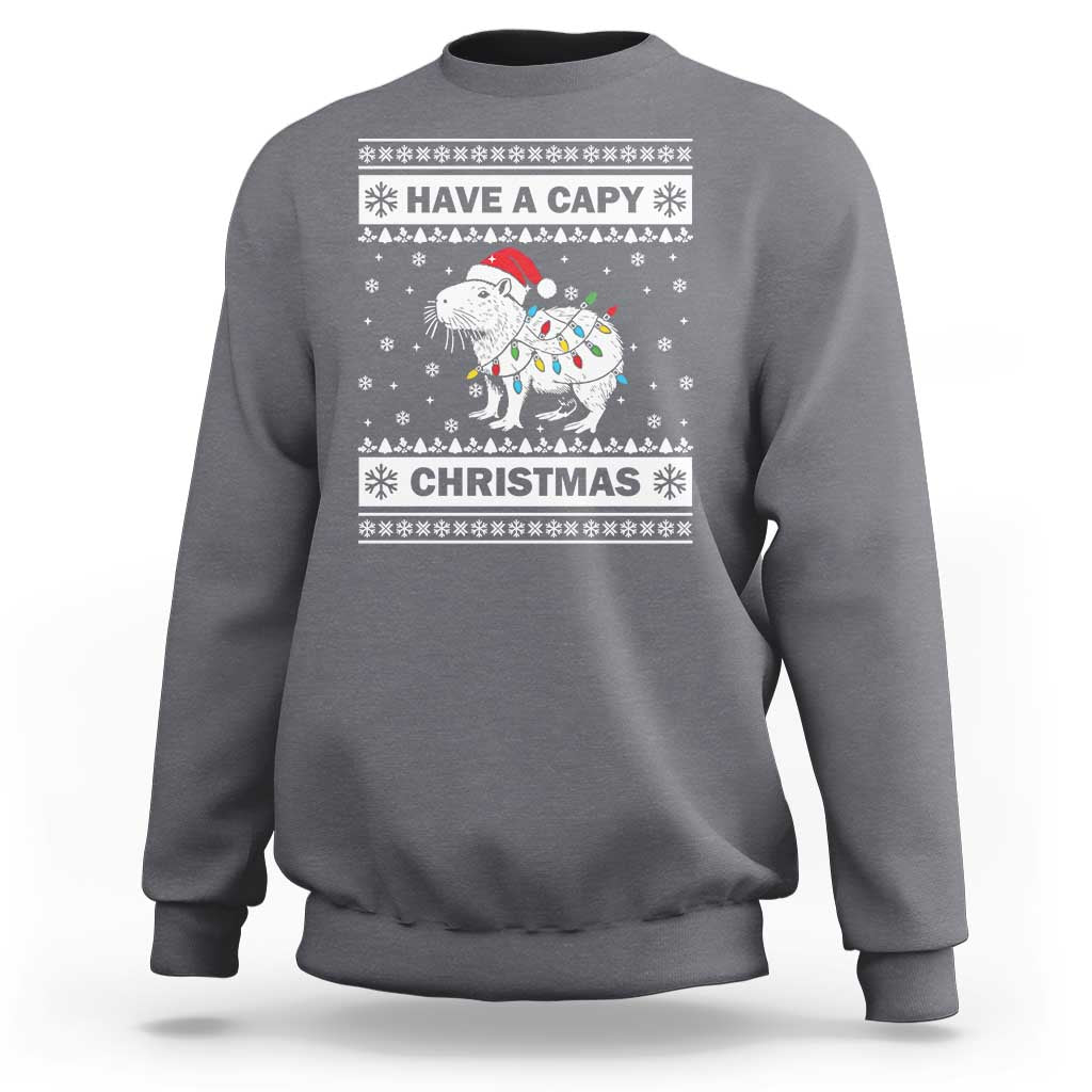 Charcoal Christmas sweatshirt with capybara graphic and 'Have a Capy Christmas' text.