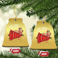 Two gold bell-shaped capybara ornaments with red artwork and 'DON'T WORRY BE CAPPY' text