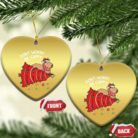 Two gold heart-shaped capybara ornaments with red artwork and 'DON'T WORRY BE CAPPY' text