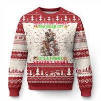 Red and white Christmas ugly sweater with cartoon squirrel graphic and text