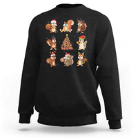 Black Christmas sweatshirt with cartoon Santa, reindeer, and animal characters graphic