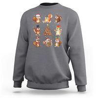 Charcoal Christmas sweatshirt with cartoon Santa, reindeer, and animal characters graphic