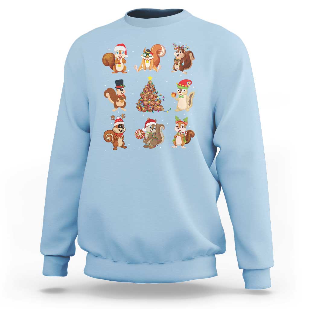 Light blue Christmas sweatshirt with cartoon Santa, reindeer, and animal characters graphic