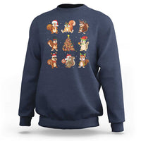 Navy Christmas sweatshirt with cartoon Santa, reindeer, and animal characters graphic