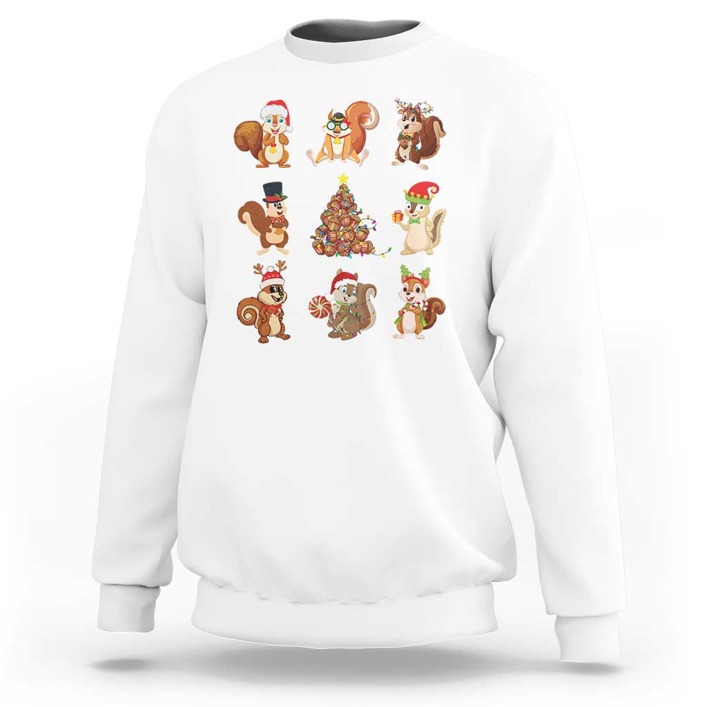 White Christmas sweatshirt with cartoon Santa, reindeer, and animal characters graphic