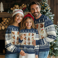 Ugly Christmas sweater in blue and white with animal Santa, reindeer, and holiday trees