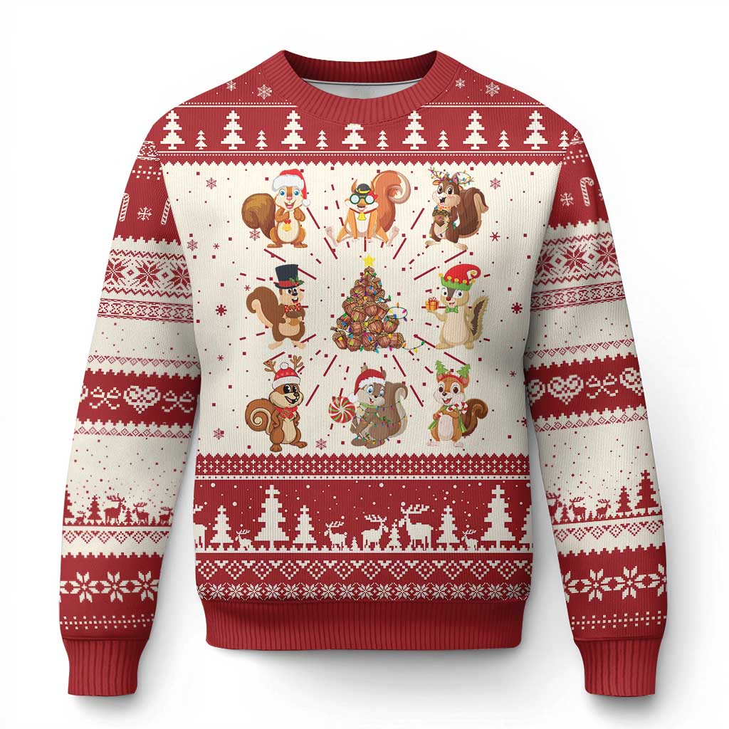 Ugly Christmas sweater in red and white with cute animal Santa, reindeer, and trees