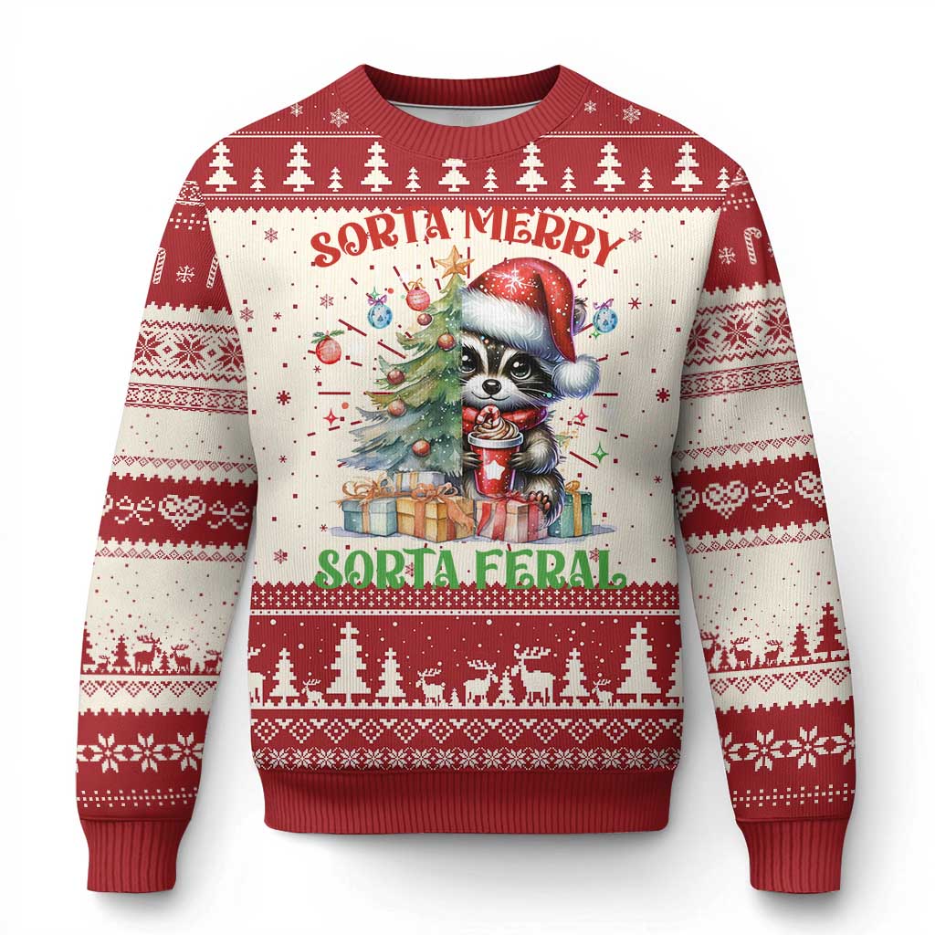 Red ugly Christmas sweater with raccoon graphic and festive snowflake knit pattern