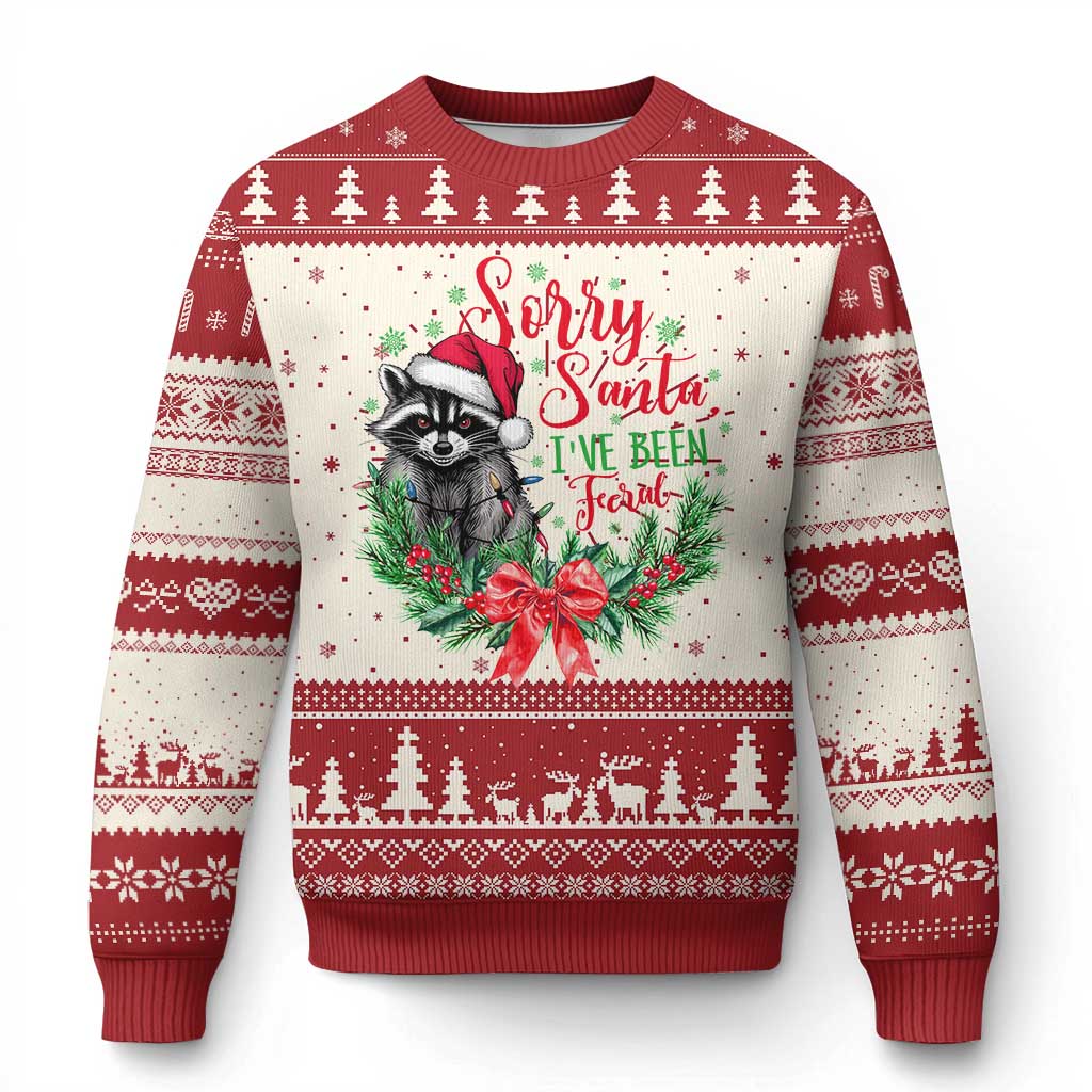Red ugly Christmas sweater with raccoon graphic, trees, snowflake fair isle, ribbed cuffs