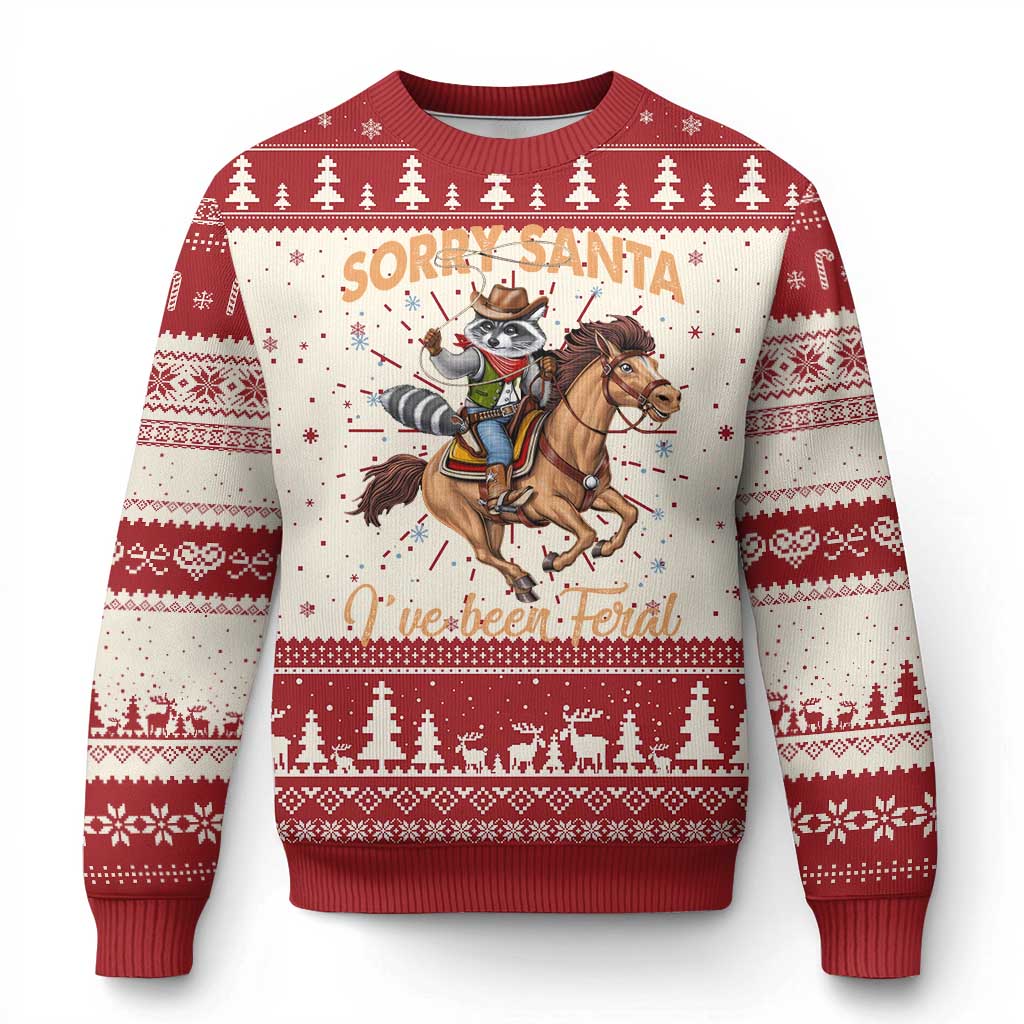 Red ugly Christmas sweater with 'Sorry Santa' cowboy raccoon and horse graphic.