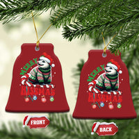 Two red bell-shaped opossum Christmas ornaments with front and back views