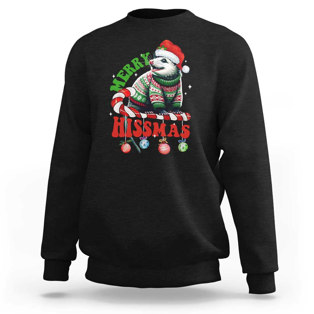 Dark crewneck sweatshirt with colorful opossum holiday graphic on the front