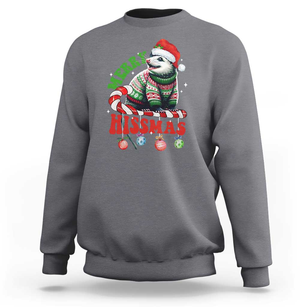 Gray crewneck sweatshirt with colorful opossum holiday graphic on the front