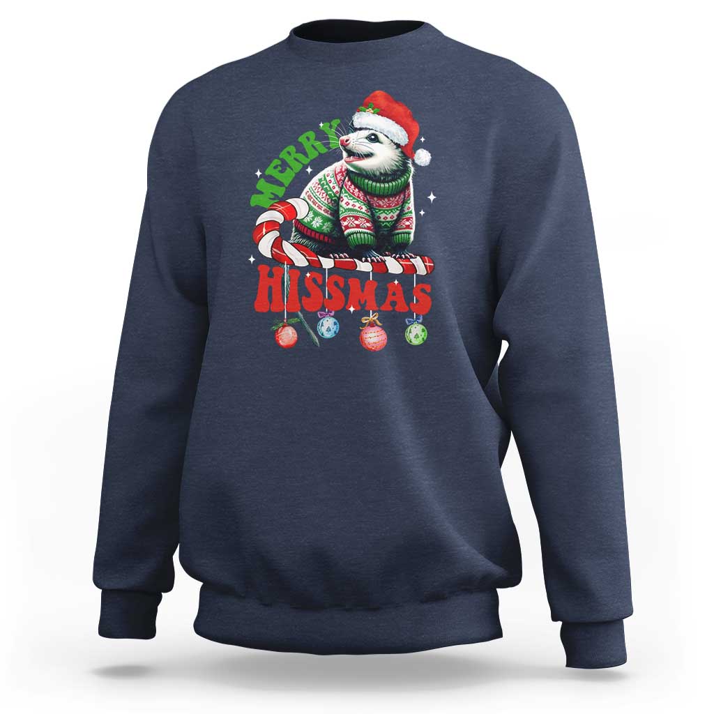 Navy crewneck sweatshirt with colorful opossum holiday graphic on the front