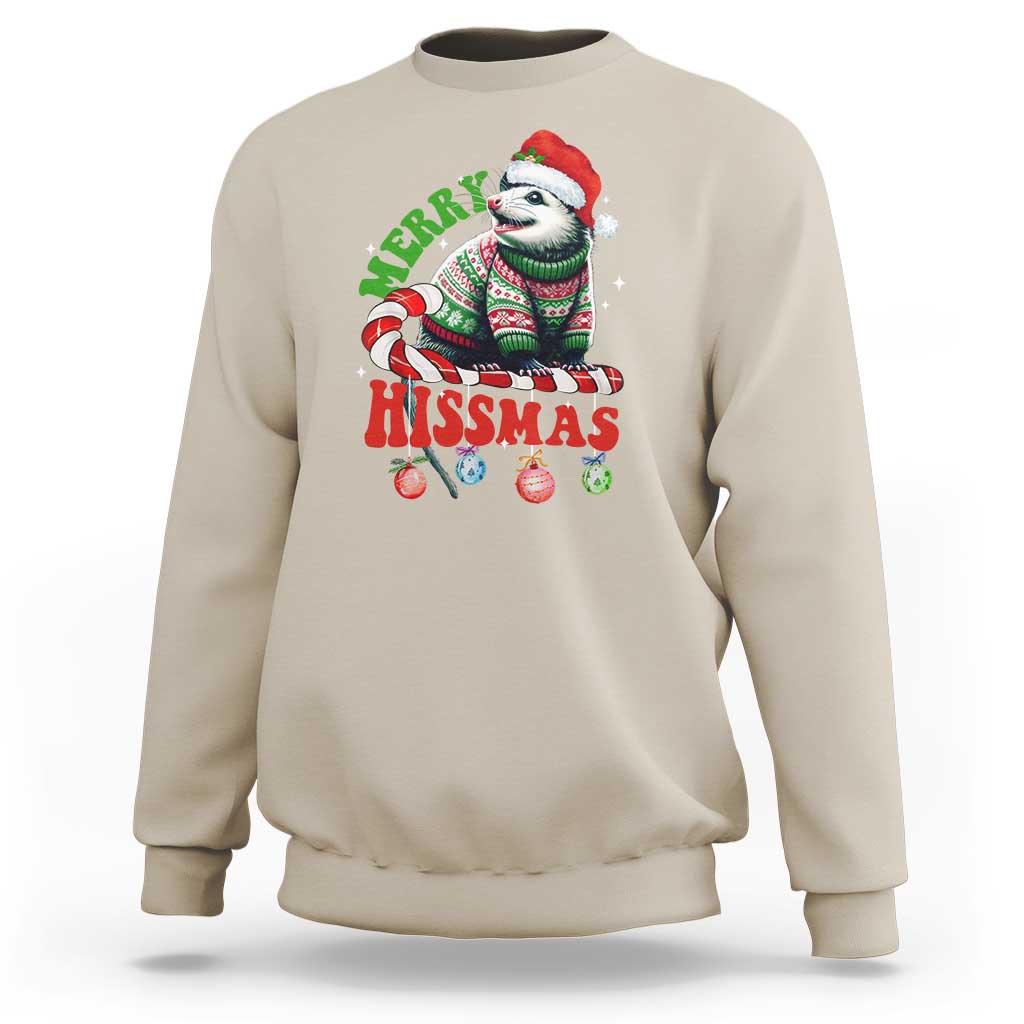 Sand crewneck sweatshirt with colorful opossum holiday graphic on the front