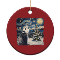 Red round Christmas ornament with opossum in a starry night winter scene
