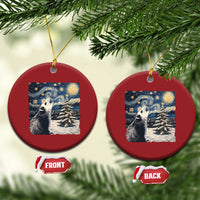 Red round Christmas ornament set with opossum starry night winter scenes and gold loops
