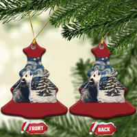 Red bell-shaped Christmas ornament with opossum scene, gold hanging cord; front and back