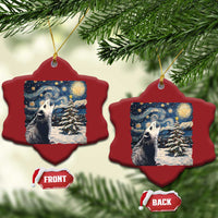 Red heart-shaped Christmas ornament set with opossum in a starry night winter scene