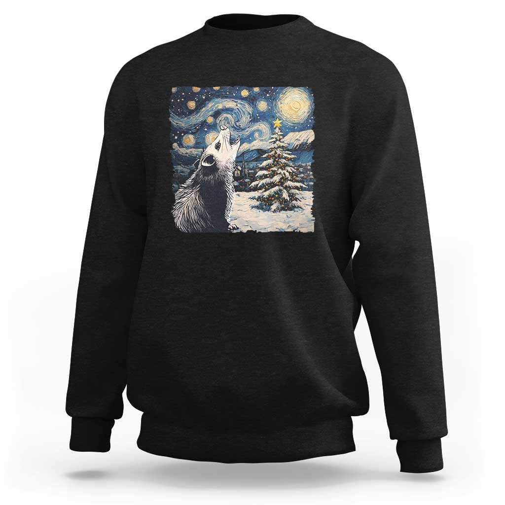 Black crewneck sweatshirt with opossum night-sky graphic and starry landscape print