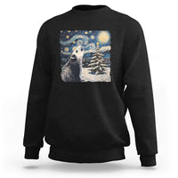 Black crewneck sweatshirt with opossum night-sky graphic and starry landscape print