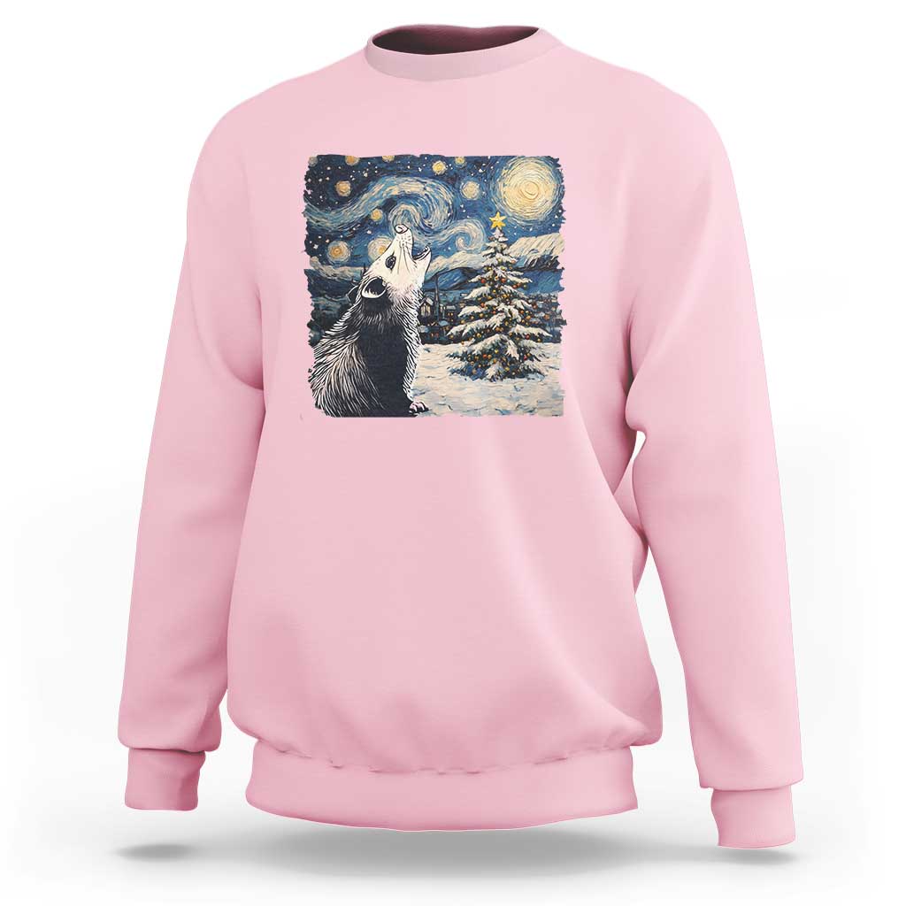 Light pink crewneck sweatshirt with opossum night-sky graphic and starry landscape print