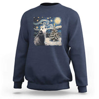 Navy crewneck sweatshirt with opossum night-sky graphic and starry landscape print