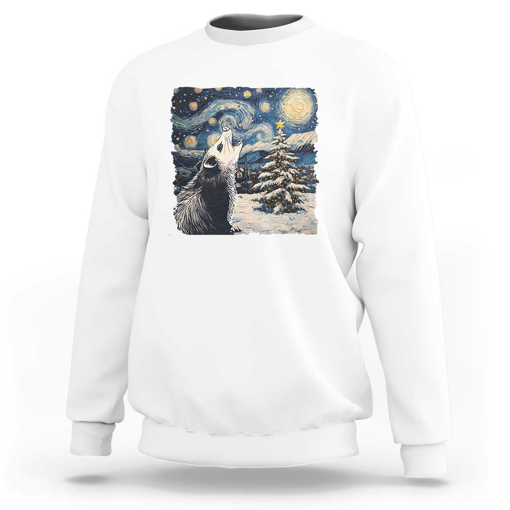 White crewneck sweatshirt with opossum night-sky graphic and starry landscape print