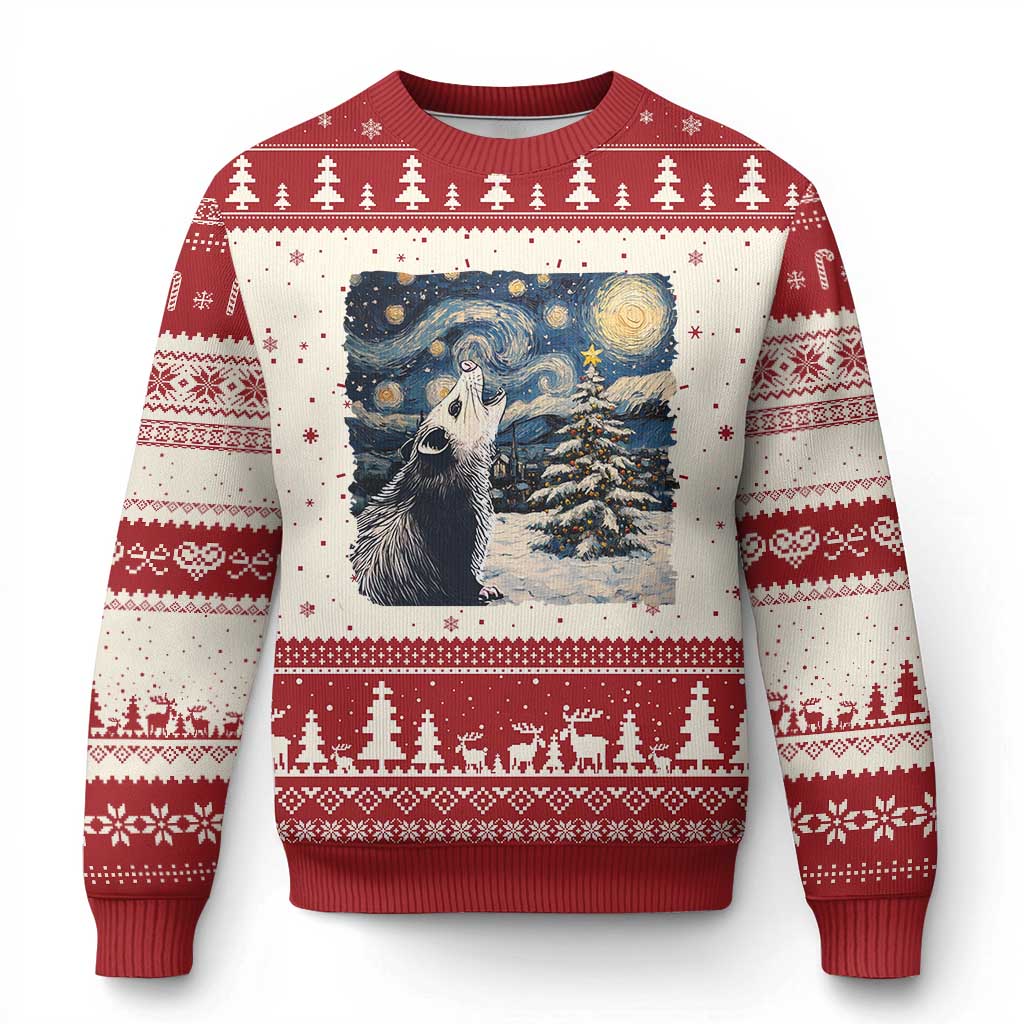Red and white ugly Christmas sweater with opossum and night sky scene