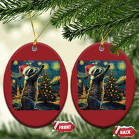 Two red oval raccoon Christmas ornaments with hanging loops, front and back views
