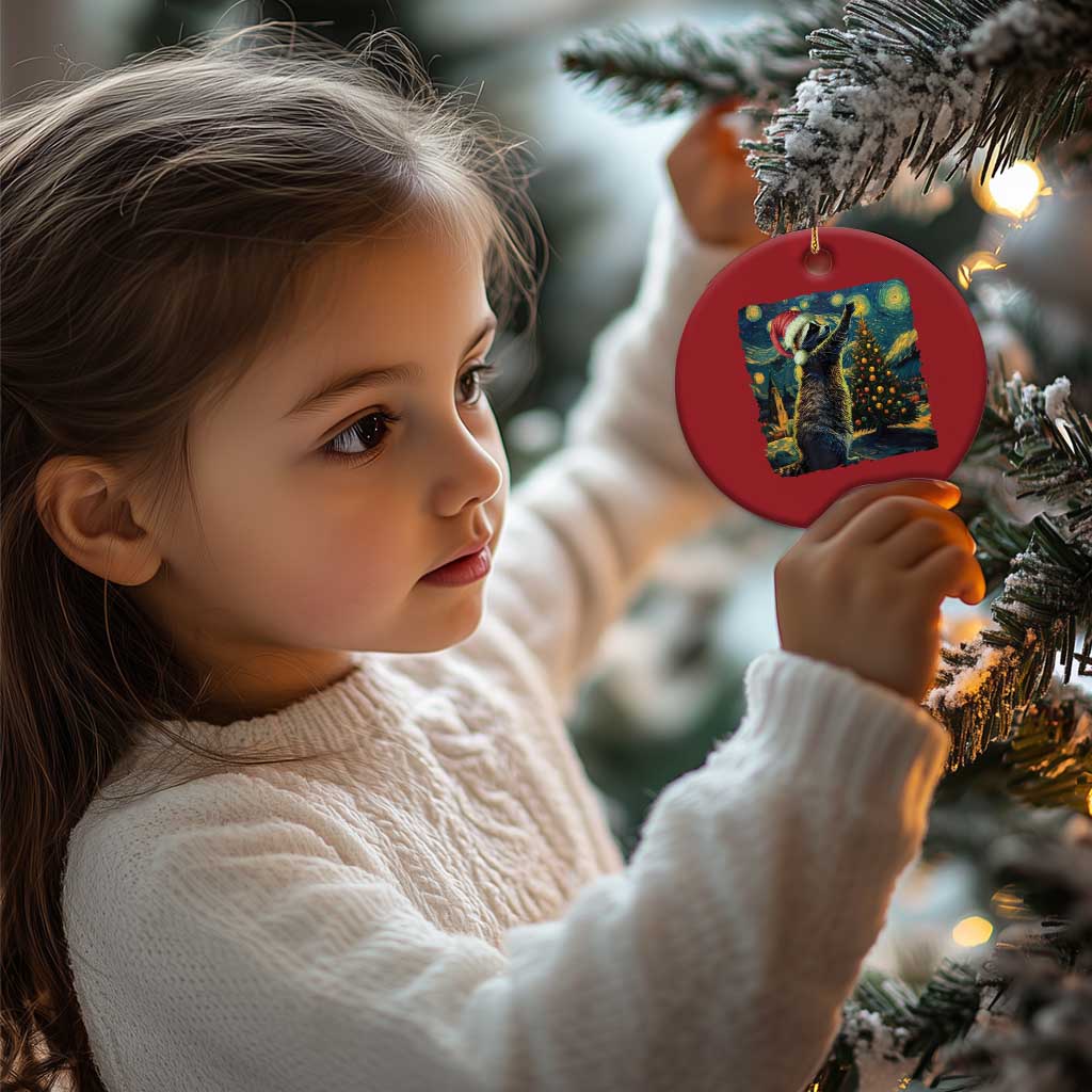 Red round raccoon ornament in a child’s hands on a Christmas tree