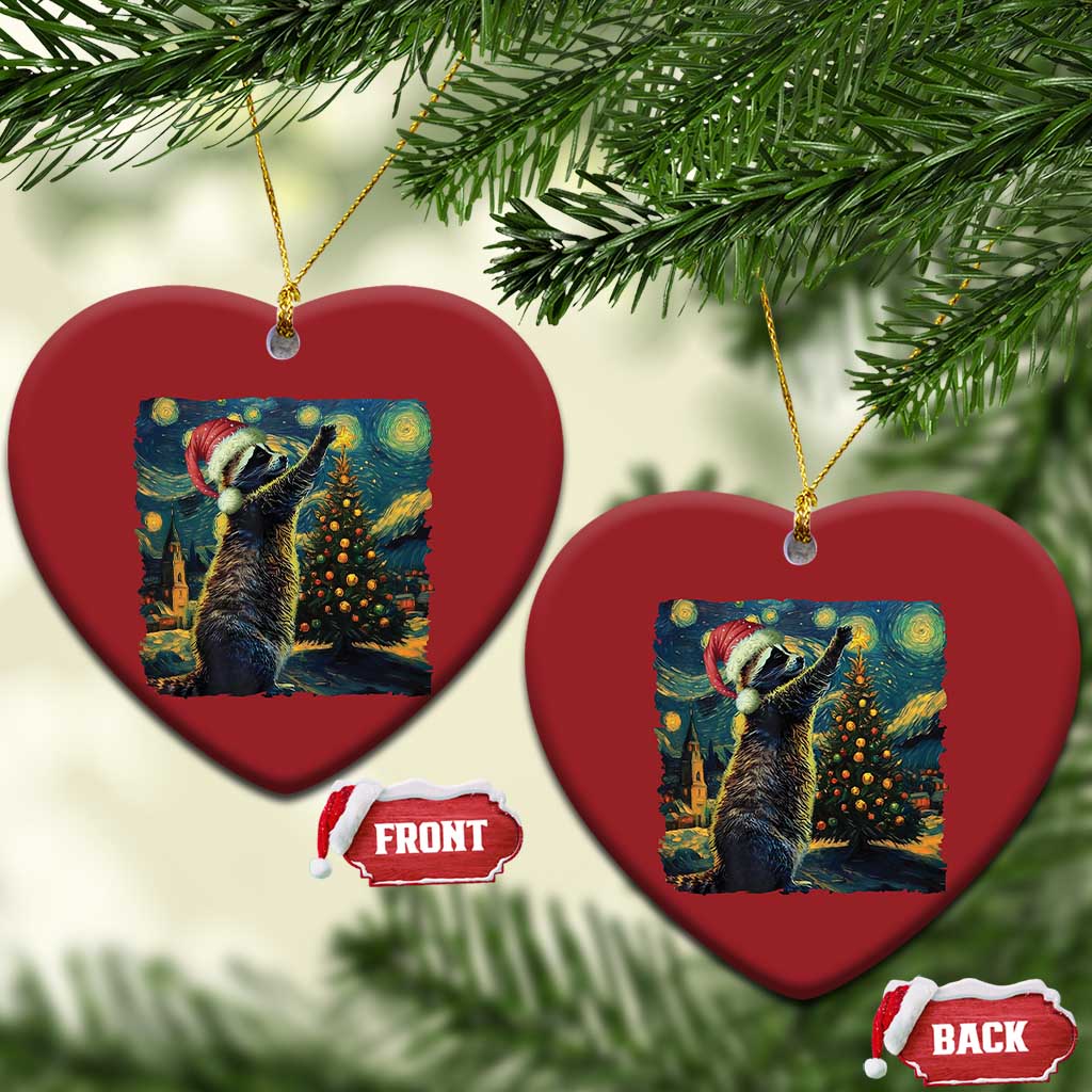 Two red heart-shaped raccoon ornaments with hanging loops, front and back