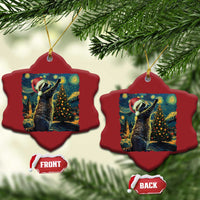 Two red snowflake-shaped raccoon ornaments with hanging loops, front and back