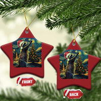 Two red star-shaped raccoon ornaments with hanging loops, front and back