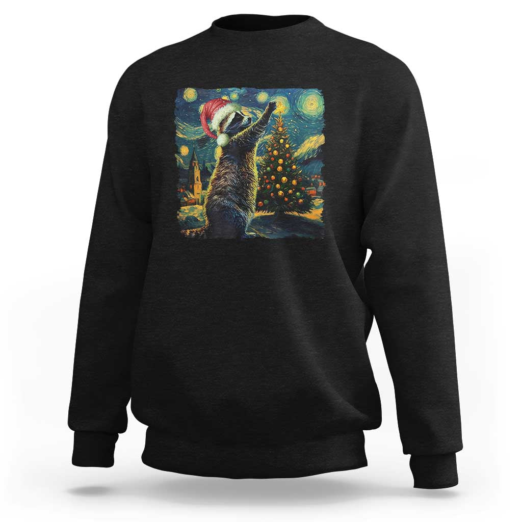 Black crewneck sweatshirt with colorful raccoon holiday art on the front