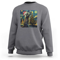 Charcoal gray crewneck sweatshirt with colorful raccoon holiday art on the front
